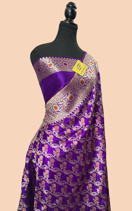 Spanish Purple Pure Katan Silk Banarasi Handloom Saree - Sona Roopa Meenakari
