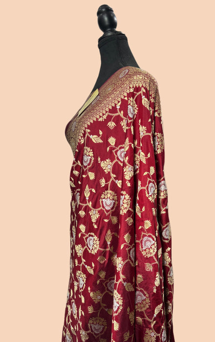 Maroon Pure Katan Silk Banarasi Handloom Saree - Sona Roopa Jaal Work