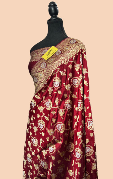 Maroon Pure Katan Silk Banarasi Handloom Saree - Sona Roopa Jaal Work