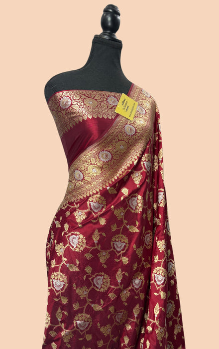 Maroon Pure Katan Silk Banarasi Handloom Saree - Sona Roopa Jaal Work