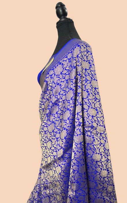 Blue Pure Katan Banarasi Handloom Saree - Sona Work