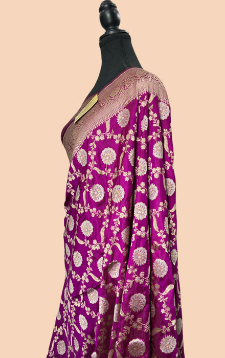 Dark Purple Pure Katan Silk Banarasi Handloom Saree - Sona Roopa Jaal Work