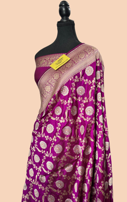 Dark Purple Pure Katan Silk Banarasi Handloom Saree - Sona Roopa Jaal Work