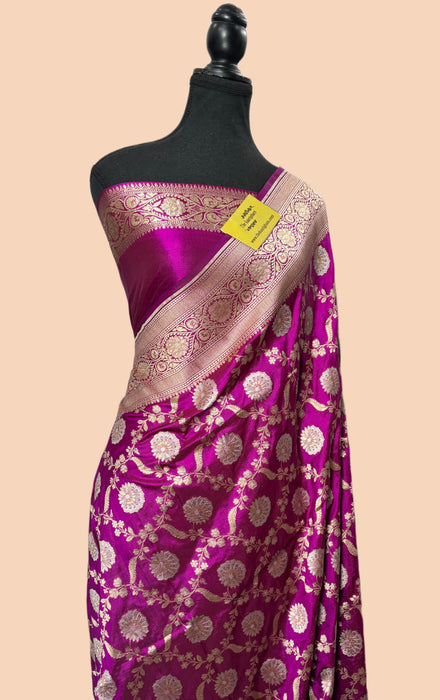 Dark Purple Pure Katan Silk Banarasi Handloom Saree - Sona Roopa Jaal Work