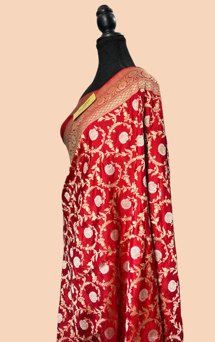 Red Pure Katan Silk Banarasi Handloom Saree - Sona Roopa Jaal Work