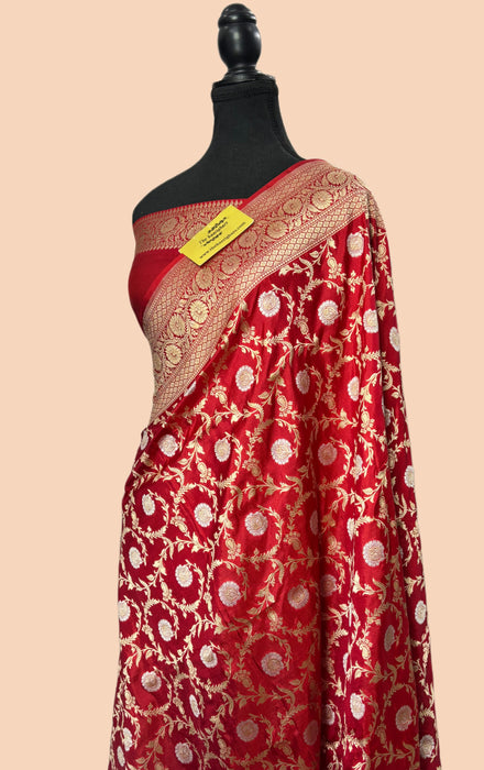 Red Pure Katan Silk Banarasi Handloom Saree - Sona Roopa Jaal Work