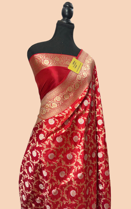 Red Pure Katan Silk Banarasi Handloom Saree - Sona Roopa Jaal Work