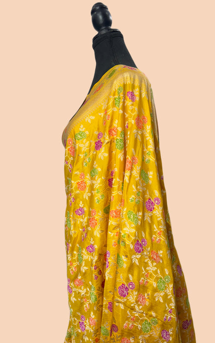 Yellow Pure Katan Silk Banarasi Handloom Saree - Sona Meenakari