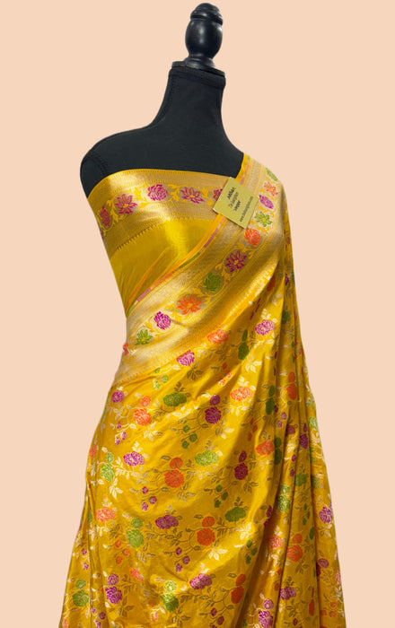 Yellow Pure Katan Silk Banarasi Handloom Saree - Sona Meenakari