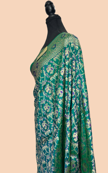 German Blue Pure Katan Silk Banarasi Handloom Saree - Sona Meenakari