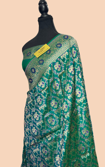 German Blue Pure Katan Silk Banarasi Handloom Saree - Sona Meenakari