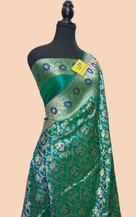German Blue Pure Katan Silk Banarasi Handloom Saree - Sona Meenakari