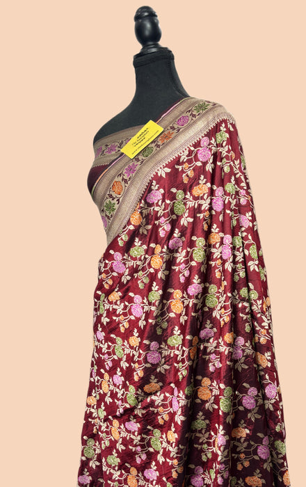 Dark Scarlet Pure Katan Silk Banarasi Handloom Saree - Sona Meenakari