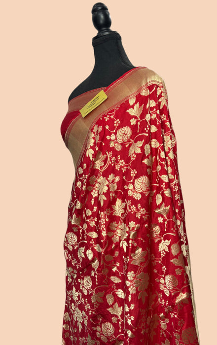 Red Pure Katan Silk Banarasi Handloom Saree - Kadhwa Jaal Work