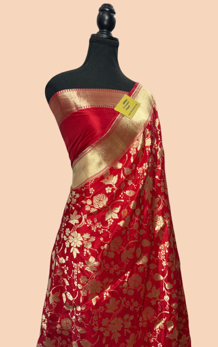 Red Pure Katan Silk Banarasi Handloom Saree - Kadhwa Jaal Work