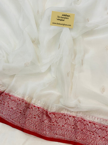 Red White Pure Kadhwa Chiffon Georgette Banarasi Saree