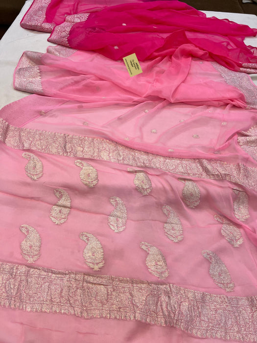 Double Pink Pure Kadhwa Chiffon Georgette Banarasi Saree