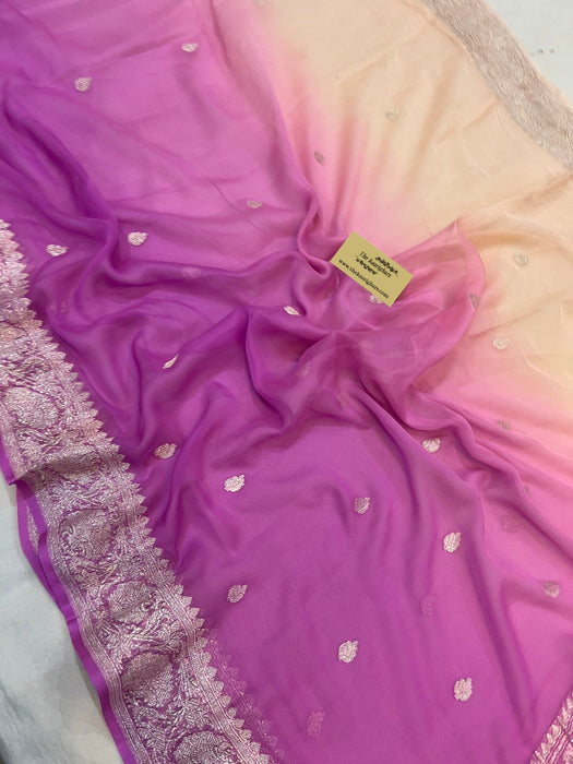 Cream Lavender Pure Kadhwa Chiffon Georgette Banarasi Saree