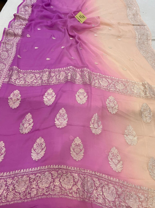 Cream Lavender Pure Kadhwa Chiffon Georgette Banarasi Saree