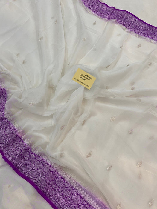 White Purple Pure Kadhwa Chiffon Georgette Banarasi Saree