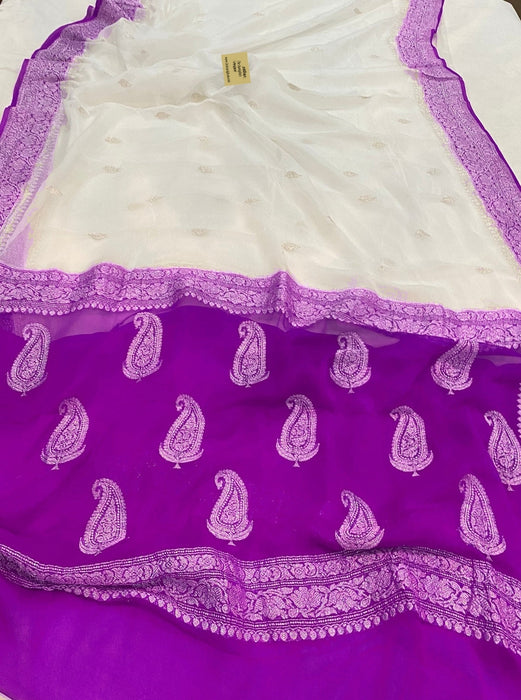 White Purple Pure Kadhwa Chiffon Georgette Banarasi Saree