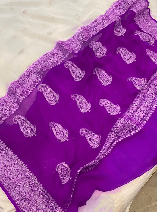 White Purple Pure Kadhwa Chiffon Georgette Banarasi Saree