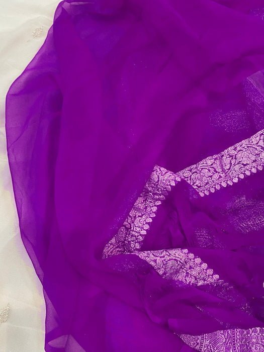 White Purple Pure Kadhwa Chiffon Georgette Banarasi Saree