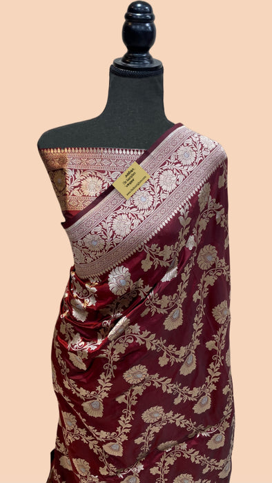 Spanish Maroon Pure Katan Banarasi Handloom Saree - Sona Roopa Jaal Work