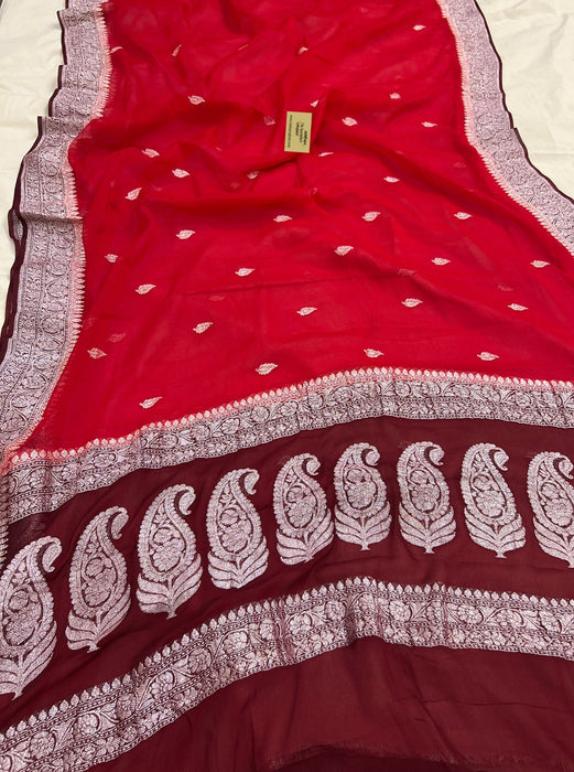 Red Pure Kadhwa Chiffon Georgette Banarasi Saree