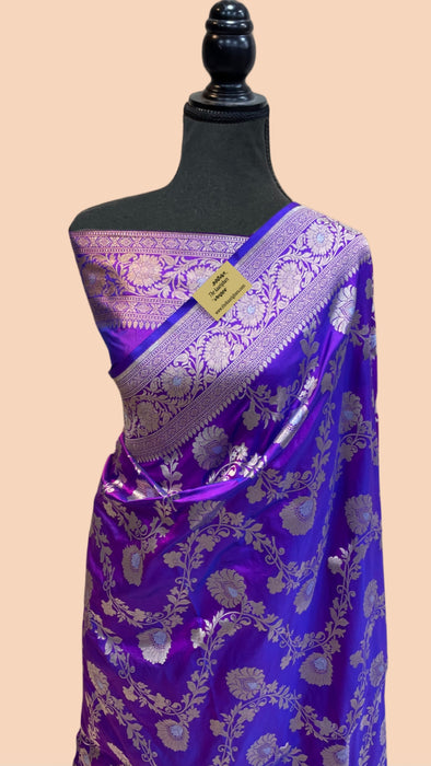 Purple Blue Pure Katan Banarasi Handloom Saree - Dual Shade Sona Roopa Jaal Work