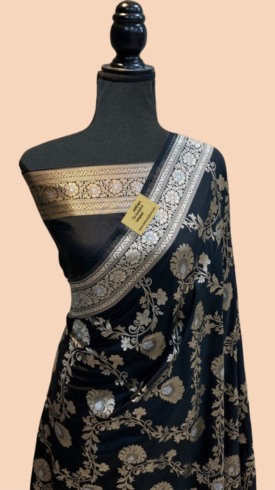 Black Pure Katan Banarasi Handloom Saree -Sona Roopa Jaal Work