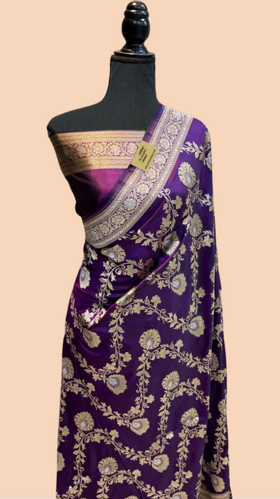 Purple Pure Katan Banarasi Handloom Saree - Sona Roopa Jaal Work