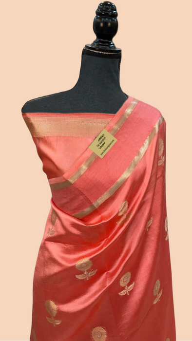 Spanish Peach Pure Raw Mango Katan Banarasi Handloom Saree