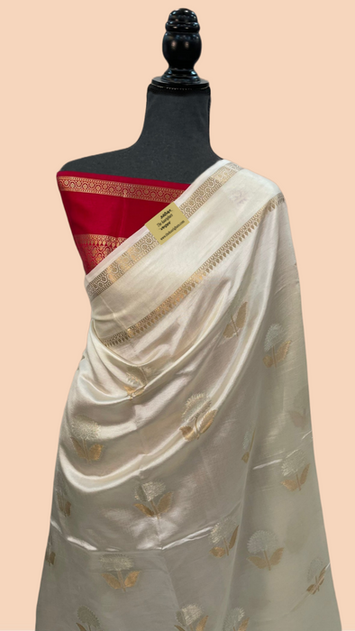 White Red Pure Raw Mango Katan Banarasi Handloom Saree
