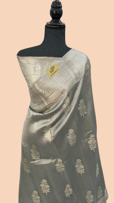 Gray Pure Raw Mango Katan Banarasi Handloom Saree