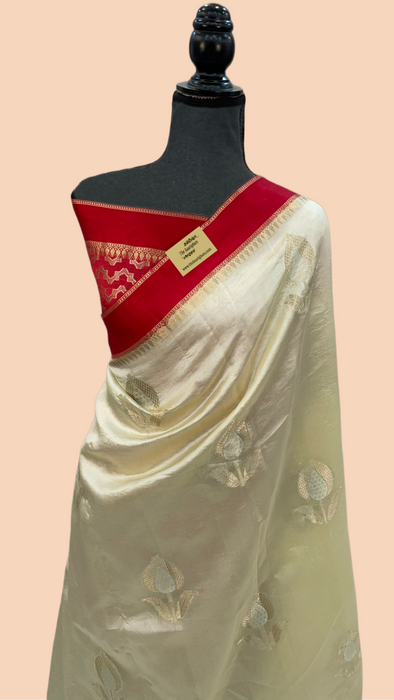 Cream Pure Raw Mango Katan Banarasi Handloom Saree