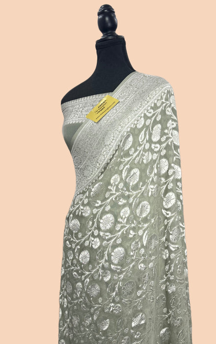 Gray Pure Georgette Banarasi Saree - Water zari