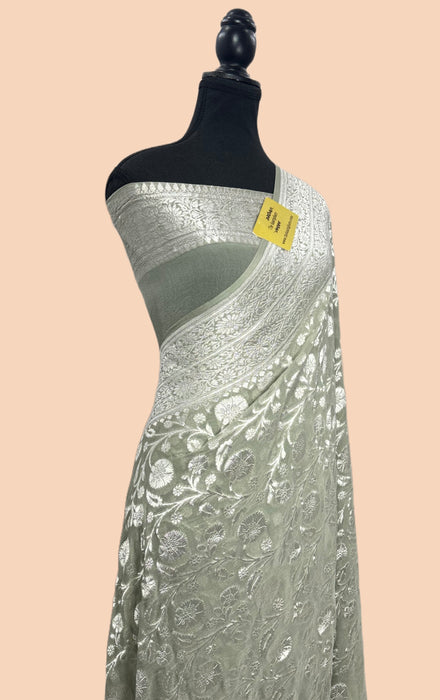 Gray Pure Georgette Banarasi Saree - Water zari