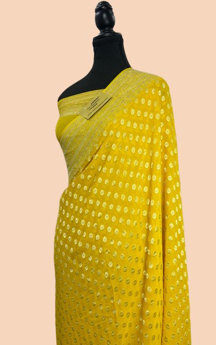 Dirty Yellow Pure Khaddi Georgette Banarasi Saree - Water zari