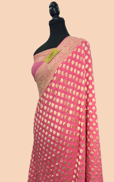 Italian Pink Pure Khaddi Georgette Banarasi Saree - Water zari