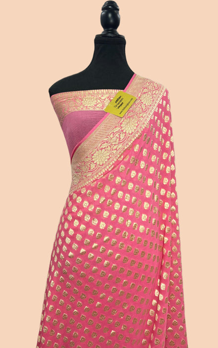 Italian Pink Pure Khaddi Georgette Banarasi Saree - Water zari