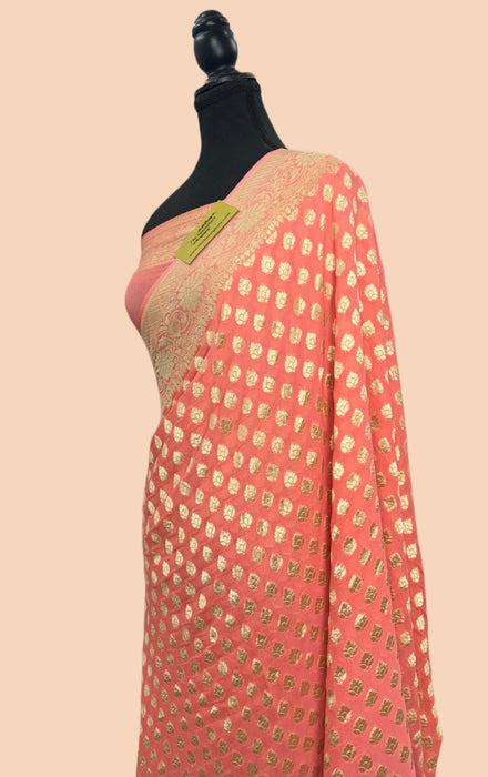 Soft Orange Pure Khaddi Georgette Banarasi Saree - Water zari