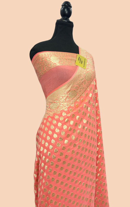 Soft Orange Pure Khaddi Georgette Banarasi Saree - Water zari