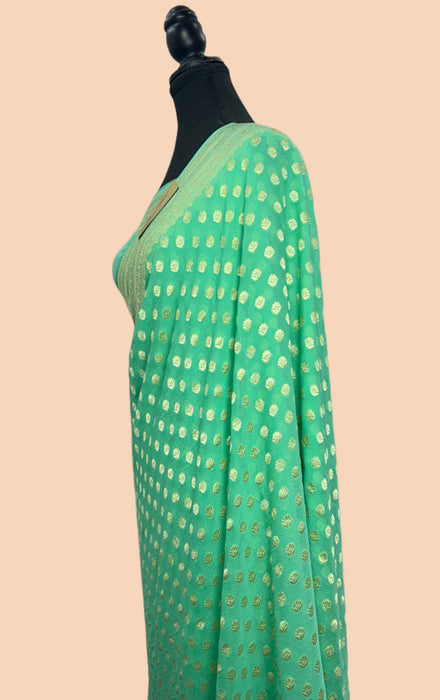 Sea Green Pure Khaddi Georgette Banarasi Saree - Water zari
