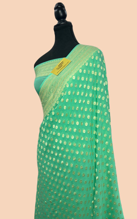 Sea Green Pure Khaddi Georgette Banarasi Saree - Water zari