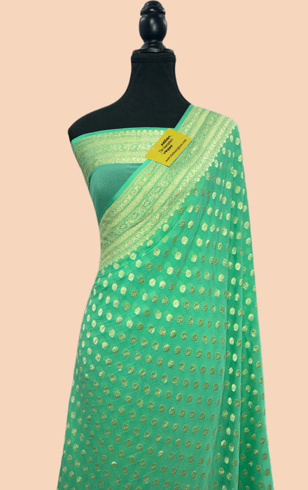 Sea Green Pure Khaddi Georgette Banarasi Saree - Water zari