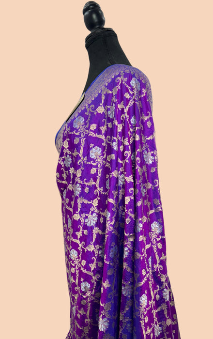 Dual Purple Pure Katan Banarasi Handloom Saree - Sona Roopa Jaal Work