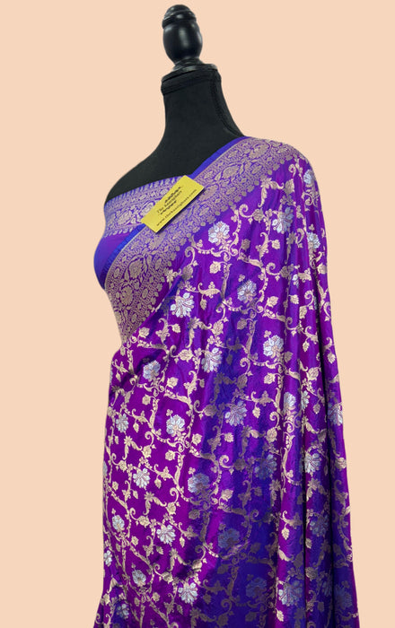 Dual Purple Pure Katan Banarasi Handloom Saree - Sona Roopa Jaal Work