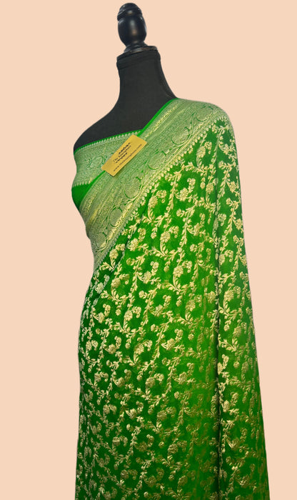 Green Pure Khaddi Georgette Banarasi Saree -  Water Zari