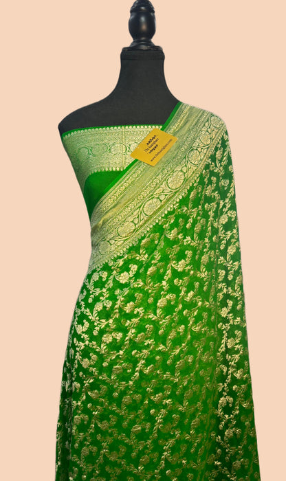 Green Pure Khaddi Georgette Banarasi Saree -  Water Zari